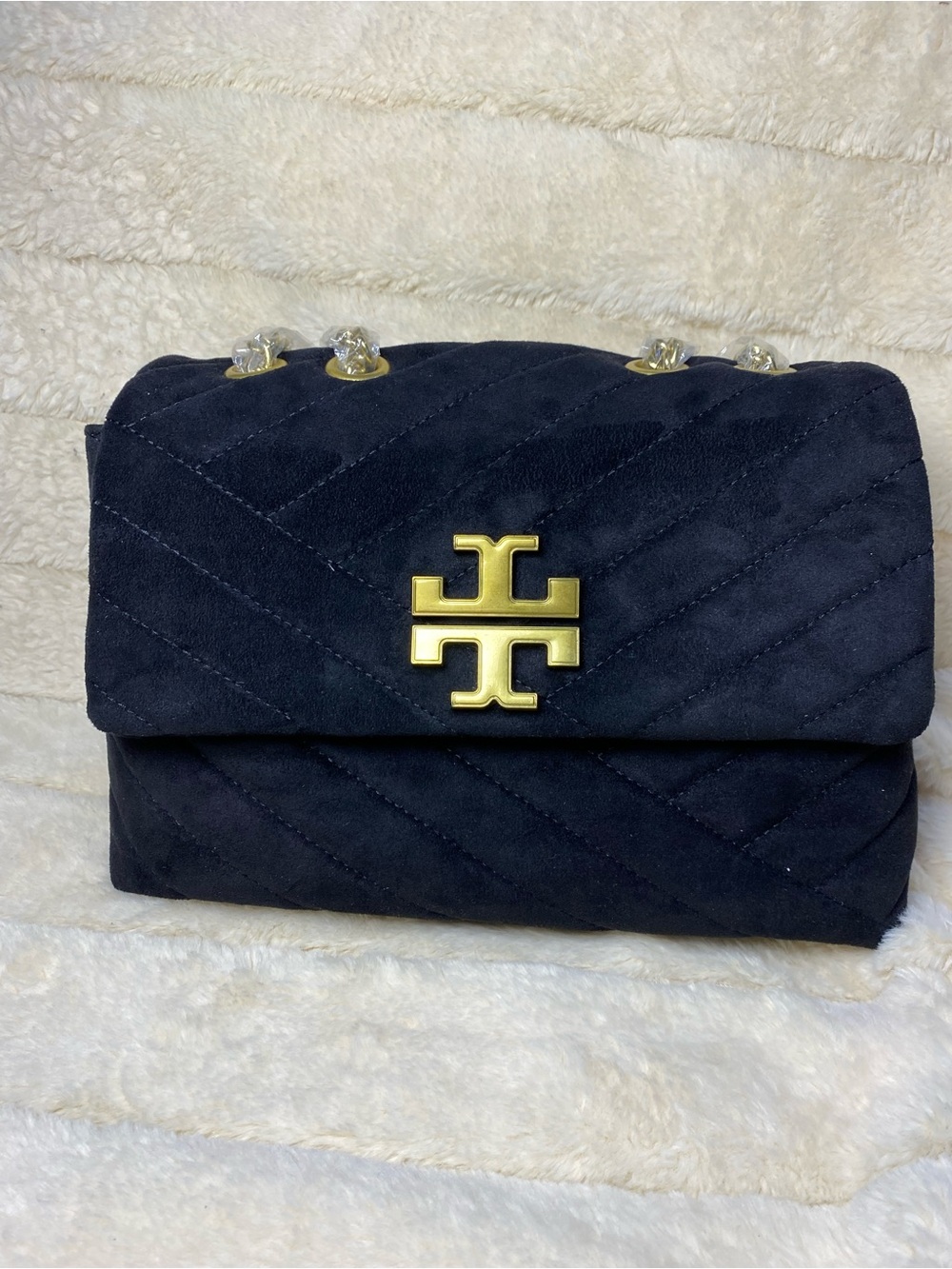 Tory Burch Black Quilted Suede Shoulder Bag with Gold Logo